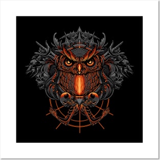 Owl with skull illustration Posters and Art